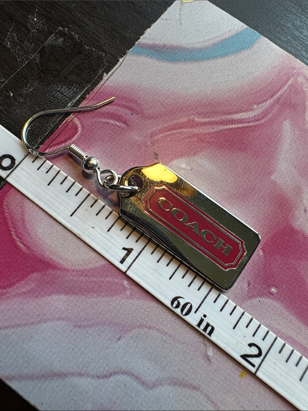 COACH Silver Tone and Red Logo Tag Dangle Earrings - Picture 2 of 4